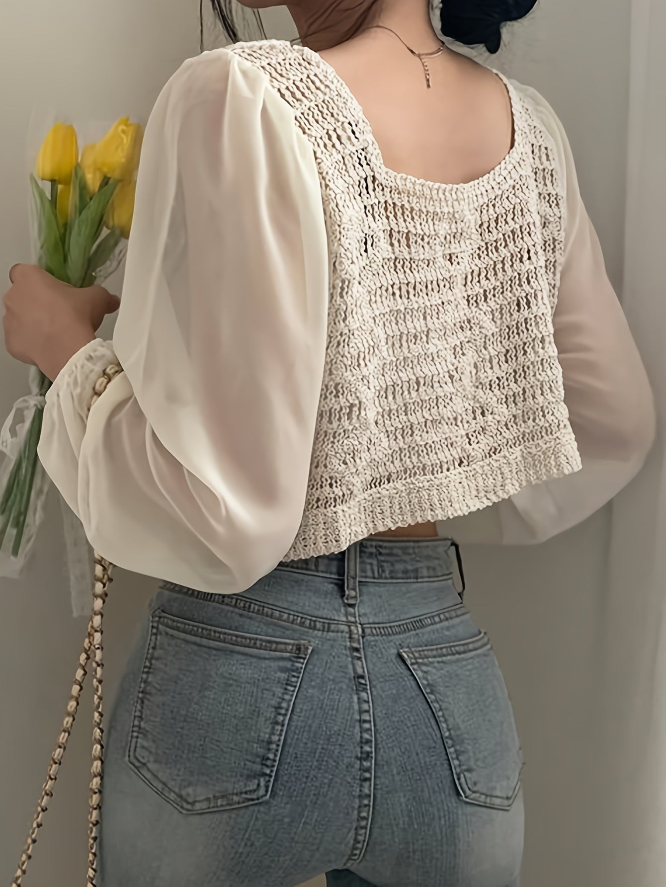 vlovelaw  Color Block Crochet Cardigan, Versatile Square Neck Long Sleeve Splicing Knitted Top, Women's Clothing