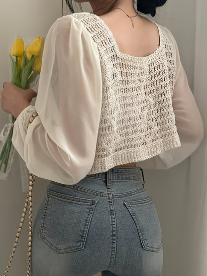 vlovelaw  Color Block Crochet Cardigan, Versatile Square Neck Long Sleeve Splicing Knitted Top, Women's Clothing