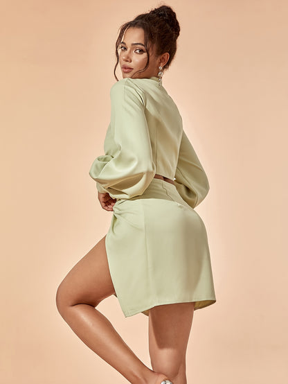 vlovelaw Twist Solid Color Two-piece Skirt Set, V Neck Lantern Sleeve Crop Top & Split Thigh Skirt Outfits, Women's Clothing