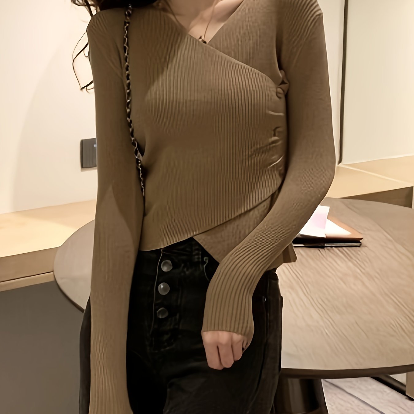 Solid Surplice Neck Sweater, Elegant Long Sleeve Sweater For Fall & Winter, Women's Clothing