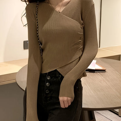 Solid Surplice Neck Sweater, Elegant Long Sleeve Sweater For Fall & Winter, Women's Clothing