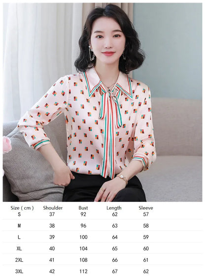Ribbon Bow Women Silk Print Shirt Polka Dot Long Sleeve Button Up Blouses Office Ladies Casual Shirts Spring Autumn Designer Blouse Fine Elegant Tops Woman
