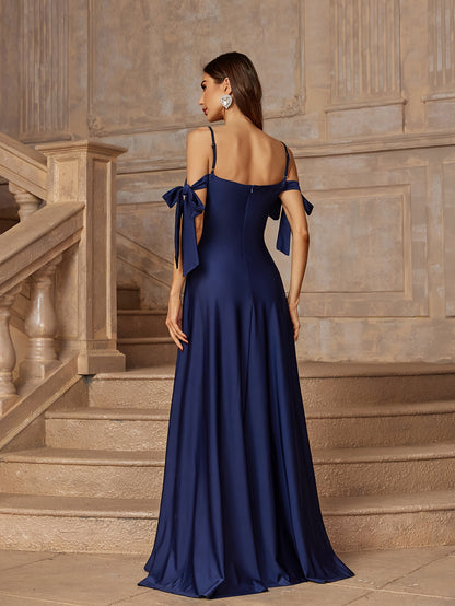 vlovelaw Bow Spaghetti Strap Dress, Elegant Split Evening Dress For Party & Banquet, Women's Clothing