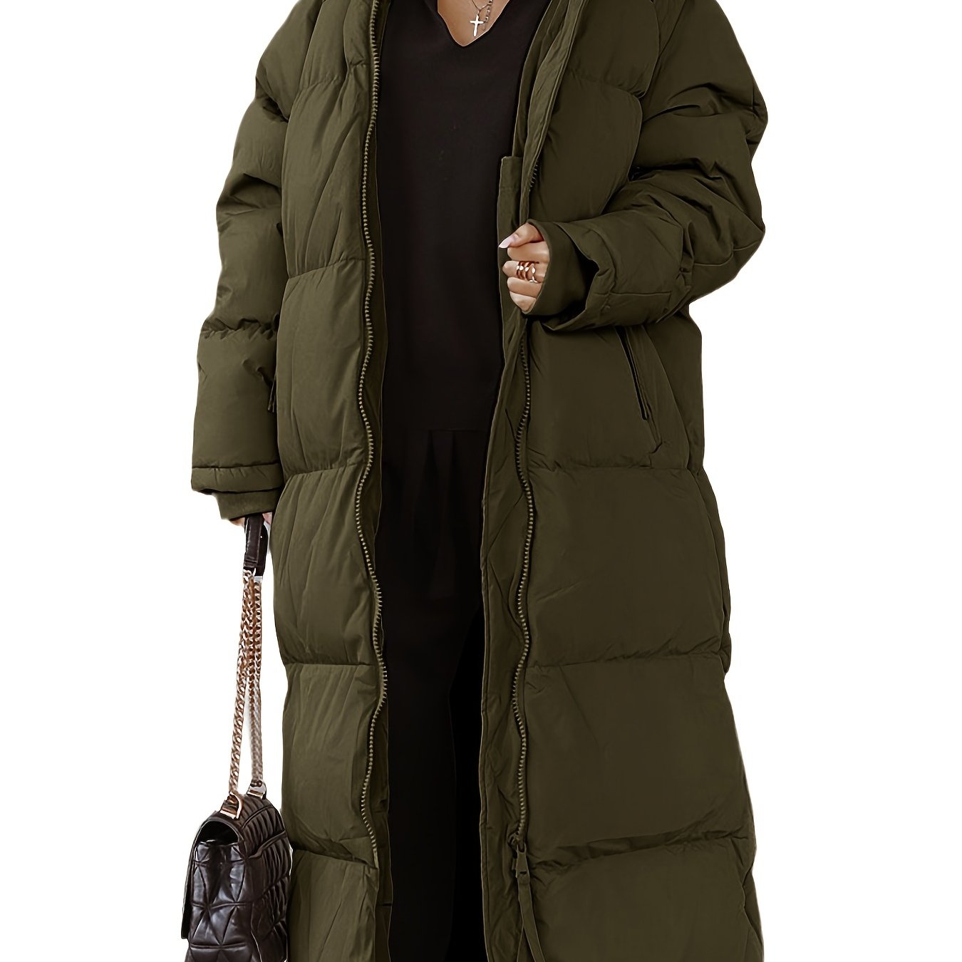 Solid Long Length Down Perka, Casual Hooded Zip Up Warm Outerwear, Women's Clothing