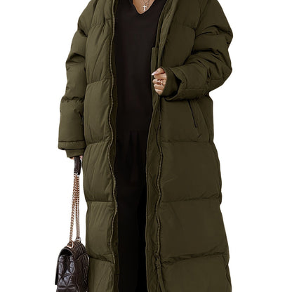 Solid Long Length Down Perka, Casual Hooded Zip Up Warm Outerwear, Women's Clothing