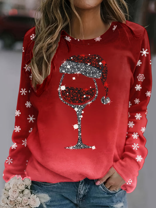 Women's Festive Christmas Wine Glass Print Sweatshirt - Cozy Polyester Blend, Crew Neck, Long Sleeve - Perfect for Fall & Winter, for Christmas, Autumn, Spring