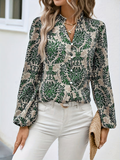 Ethnic Floral Print Blouse, Boho V Neck Long Sleeve Blouse, Women's Clothing