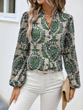 Ethnic Floral Print Blouse, Boho V Neck Long Sleeve Blouse, Women's Clothing