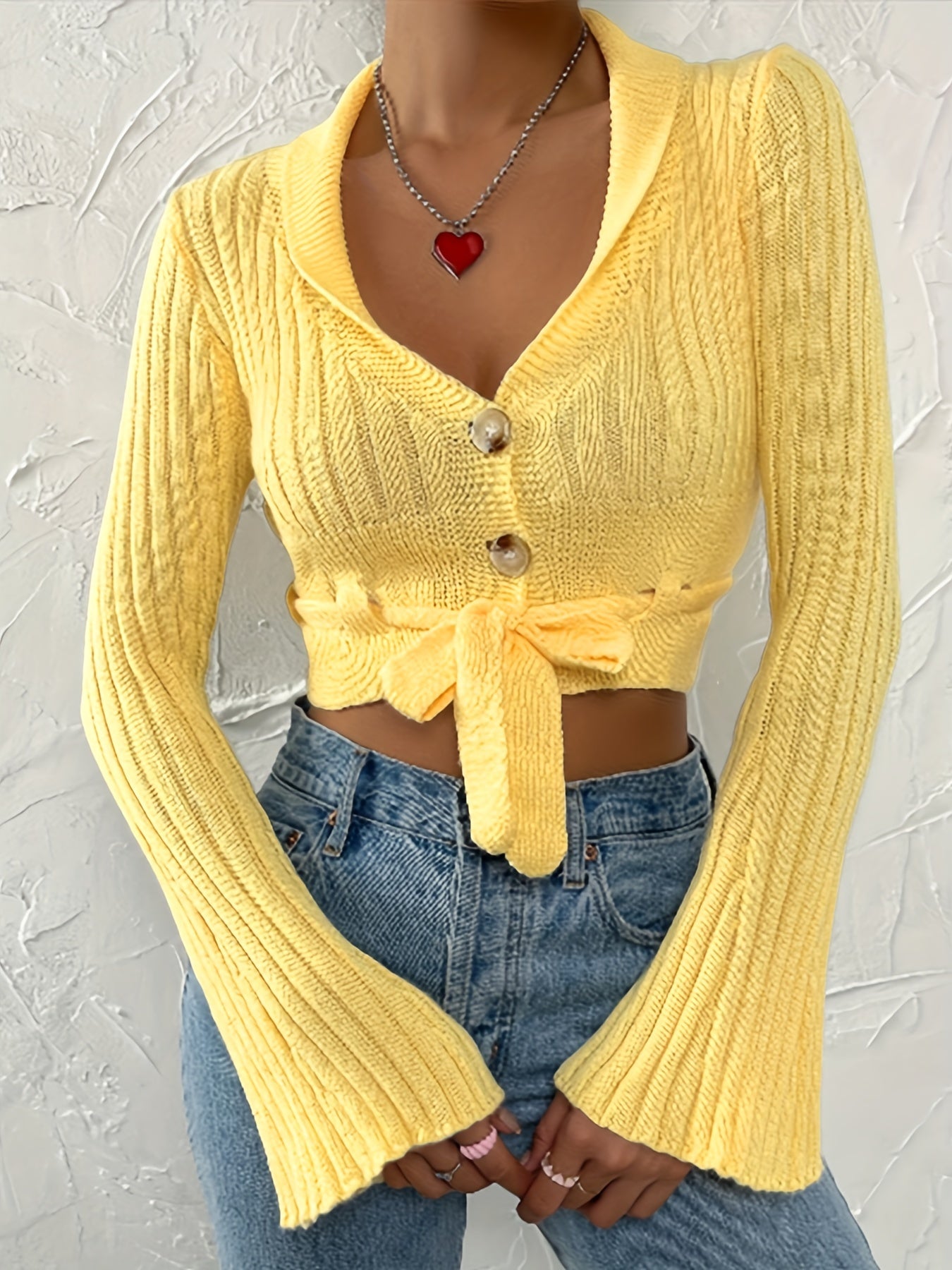 vlovelaw  Bow Tie Solid Knit Cardigan, Casual Button Front Flared Sleeve Sweater, Women's Clothing