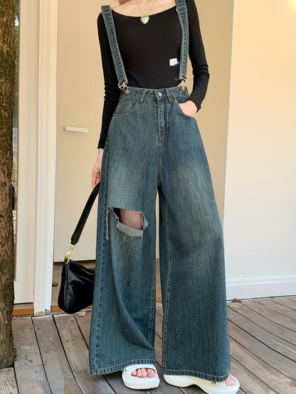 vlovelaw  Ripped Vintage Washed Wide Leg Denim Jeans, Loose Fit Adjustable Strap Comfy Denim Overalls, Women's Denim Jeans & Clothing