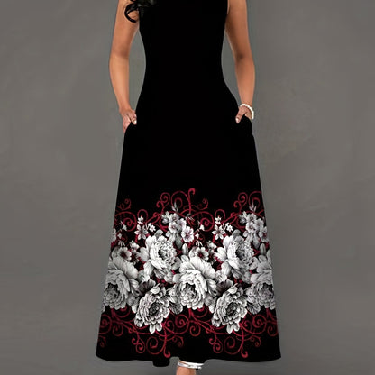 Floral Print Ring Linked Dress, Casual Crew Neck Dual Pockets Tank Dress, Women's Clothing