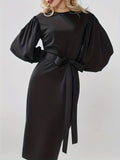 vlovelaw  Split Lantern Long Sleeve Dress, Elegant Crew Neck Solid Dress, Women's Clothing