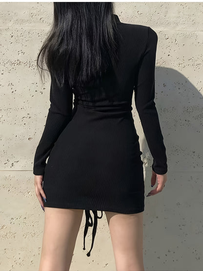 vlovelaw  Bodycon Lace Up Long Sleeve Dress, Y2K Mock Neck Slim Dress, Women's Clothing