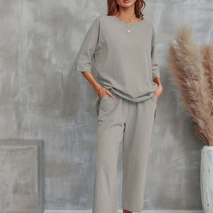 vlovelaw  Solid Casual Two-piece Set, Crew Neck Half Sleeve Tee & Wide Leg Pants Outfits, Women's Clothing