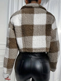 Plaid Pattern Teddy Jacket, Casual Zip Up Long Sleeve Outerwear, Women's Clothing