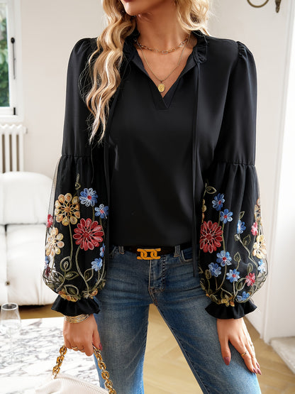 vlovelaw Floral Pattern Tie Neck Blouse, Casual Long Sleeve Blouse For Spring & Fall, Women's Clothing