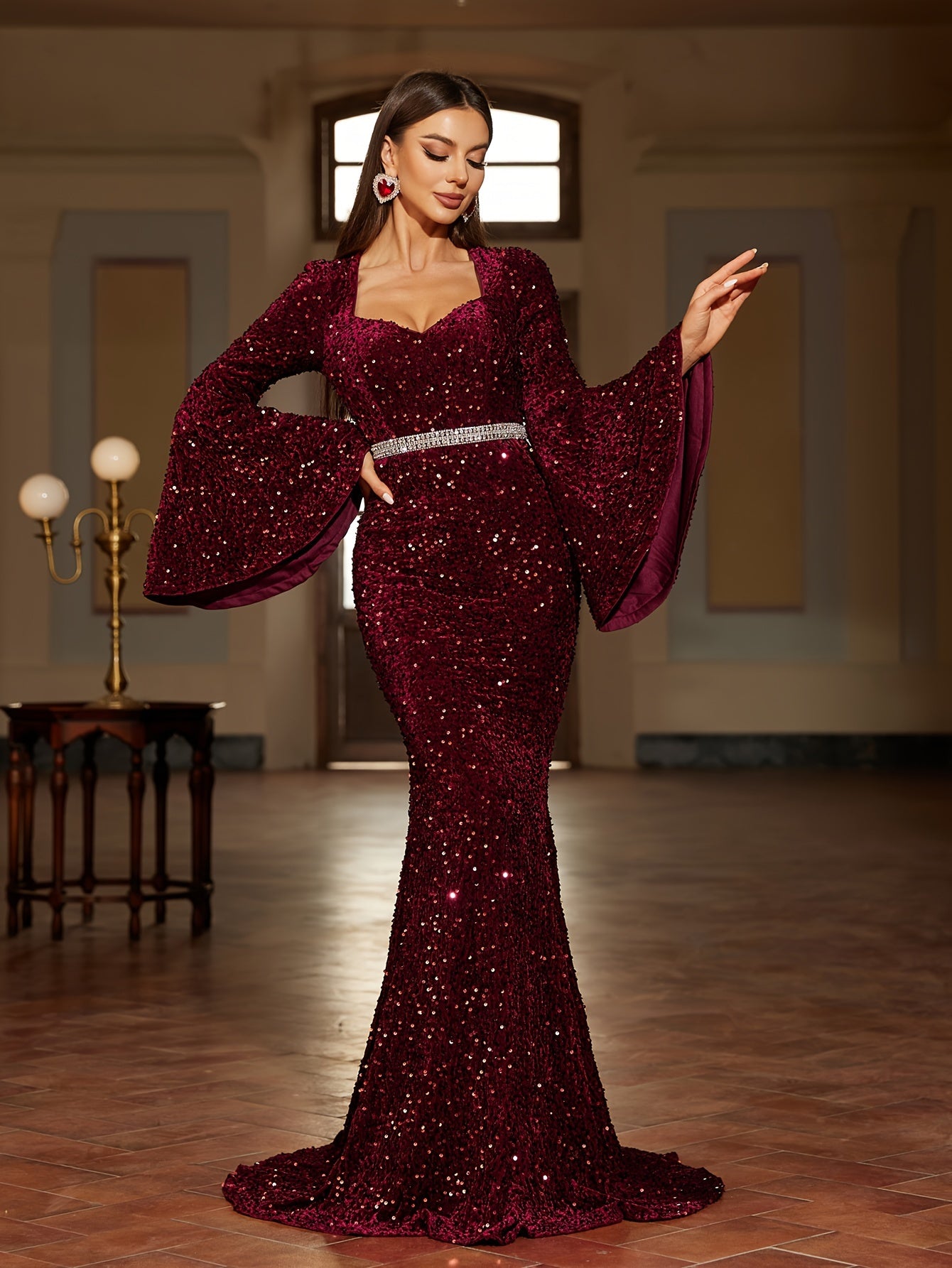vlovelaw  Sequin Sweetheart Neck Dress, Elegant Flare Sleeve Mermaid Hem Dress For Party & Banquet, Women's Clothing