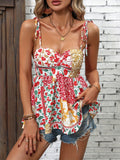 Floral Print Ruched Spaghetti Strap Top, Elegant Backless Cami Top For Summer, Women's Clothing