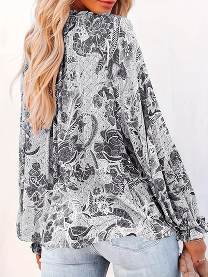 Casual V Neck Blouses, Floral Print Drawstring Long Sleeve Fashion Loose Tops, Women's Clothing