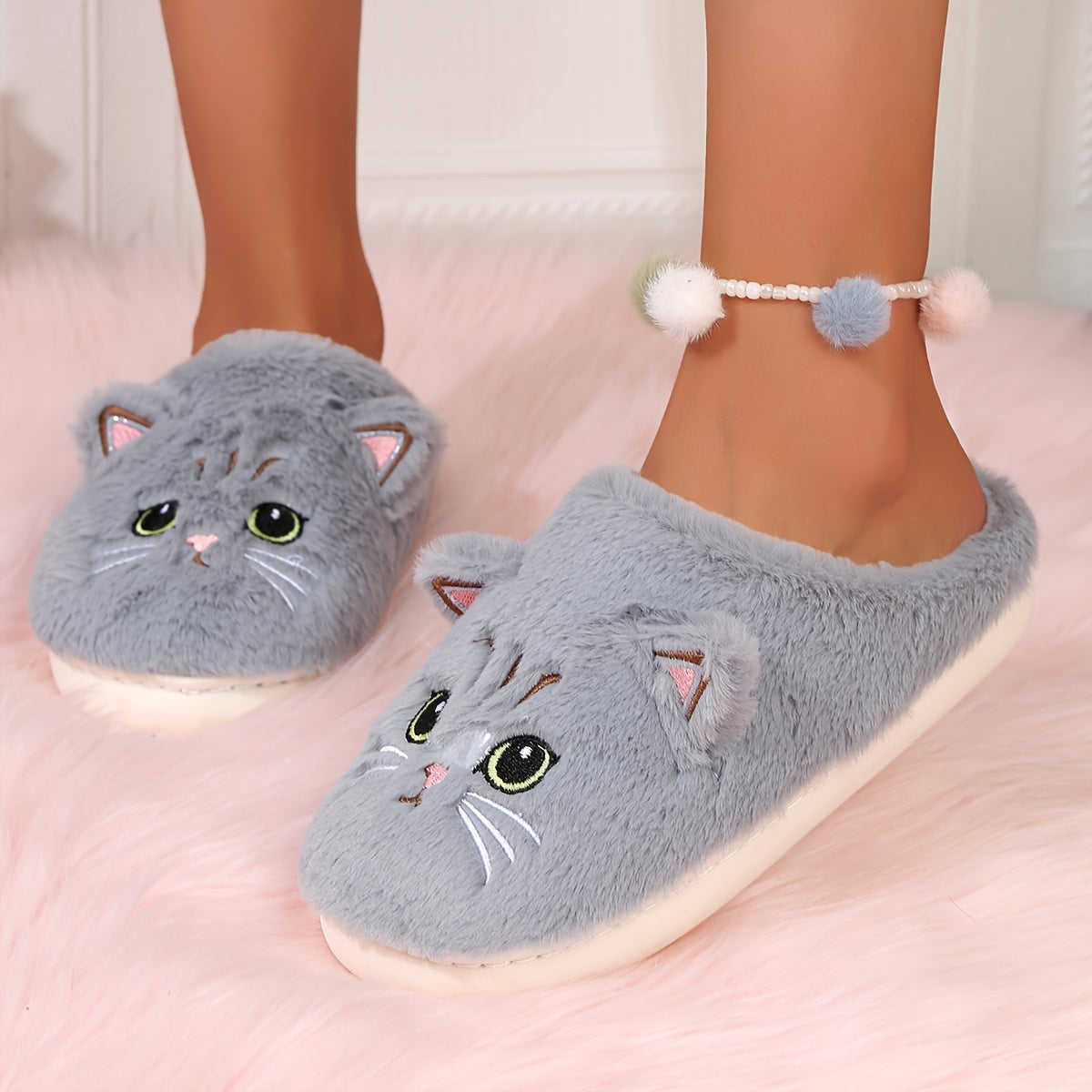 Cute Cartoon Cat Fuzzy Slippers, Creative Closed Toe Soft Sole Plush Flat Shoes, Winter Warm Home Slippers