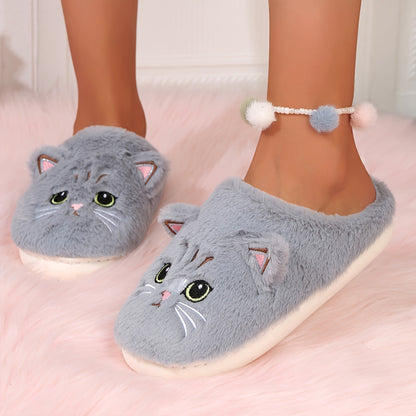 Cute Cartoon Cat Fuzzy Slippers, Creative Closed Toe Soft Sole Plush Flat Shoes, Winter Warm Home Slippers