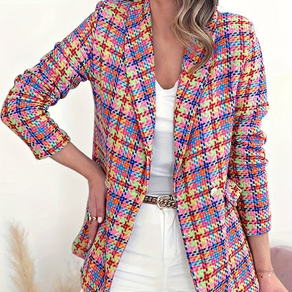Plaid Pattern Open Front Blazer, Casual Long Sleeve Slim Blazer, Women's Clothing