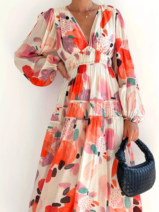 vlovelaw Boho Allover Print Dress, Elegant V Neck Long Sleeve Dress For Spring & Fall, Women's Clothing