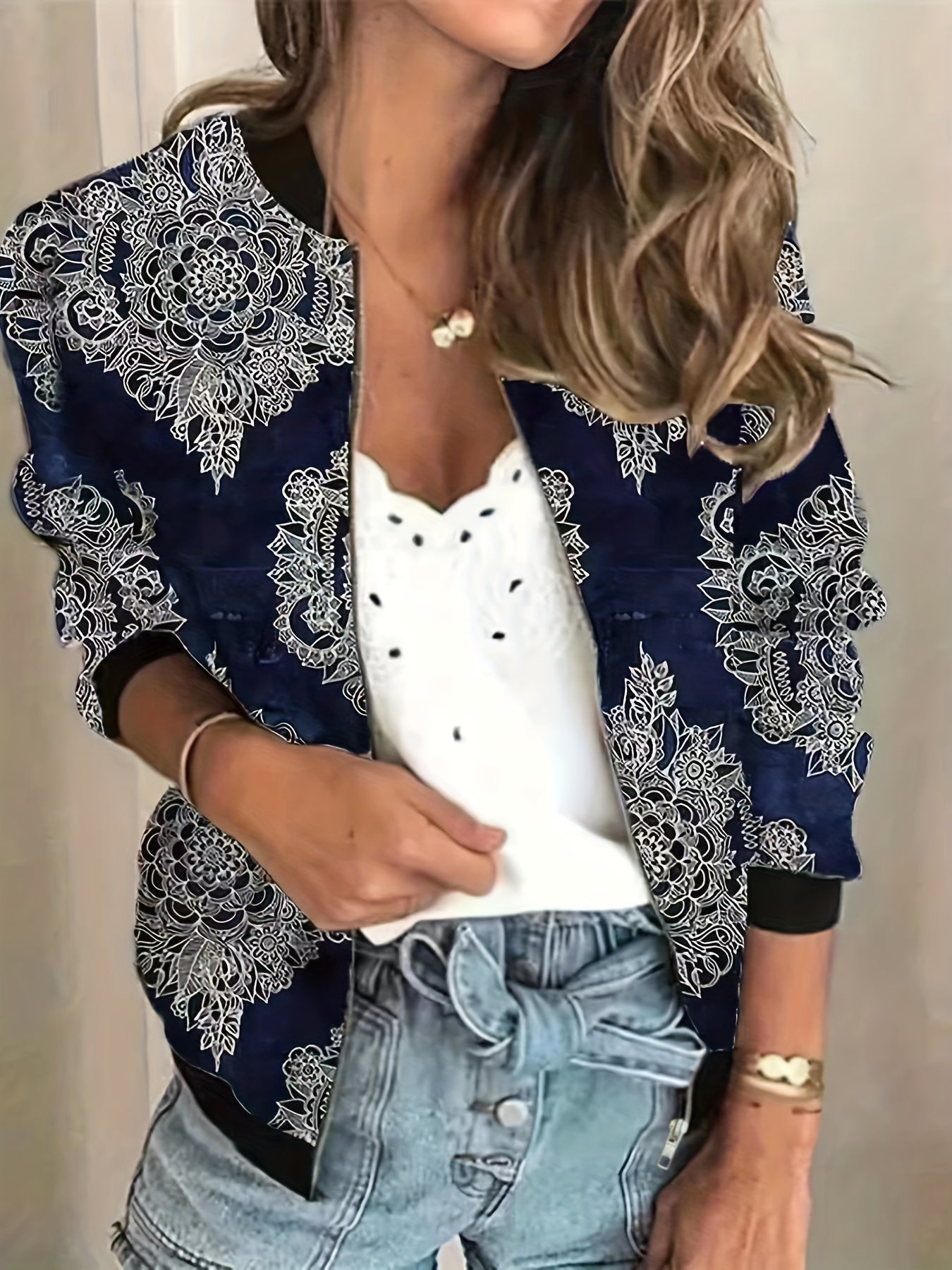 vlovelaw Graphic Print Zipper Jacket, Casual Baseball Neck Long Sleeve Outerwear, Women's Clothing