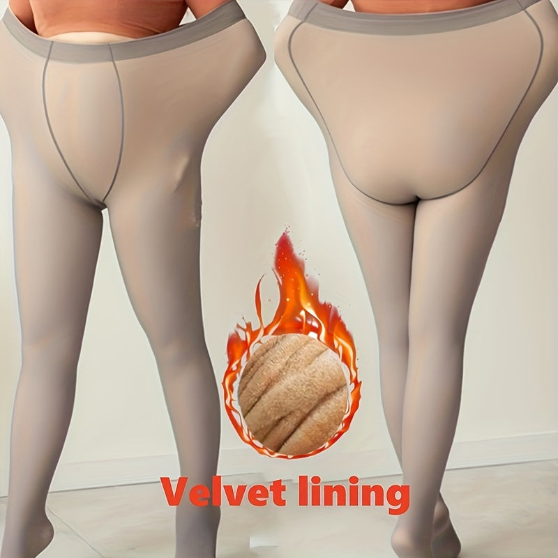 Women's Plus Casual Tights, Plus Size Solid High Waist Fake Translucent Warm Fleece Leggings Pantyhose For Fall & Winter