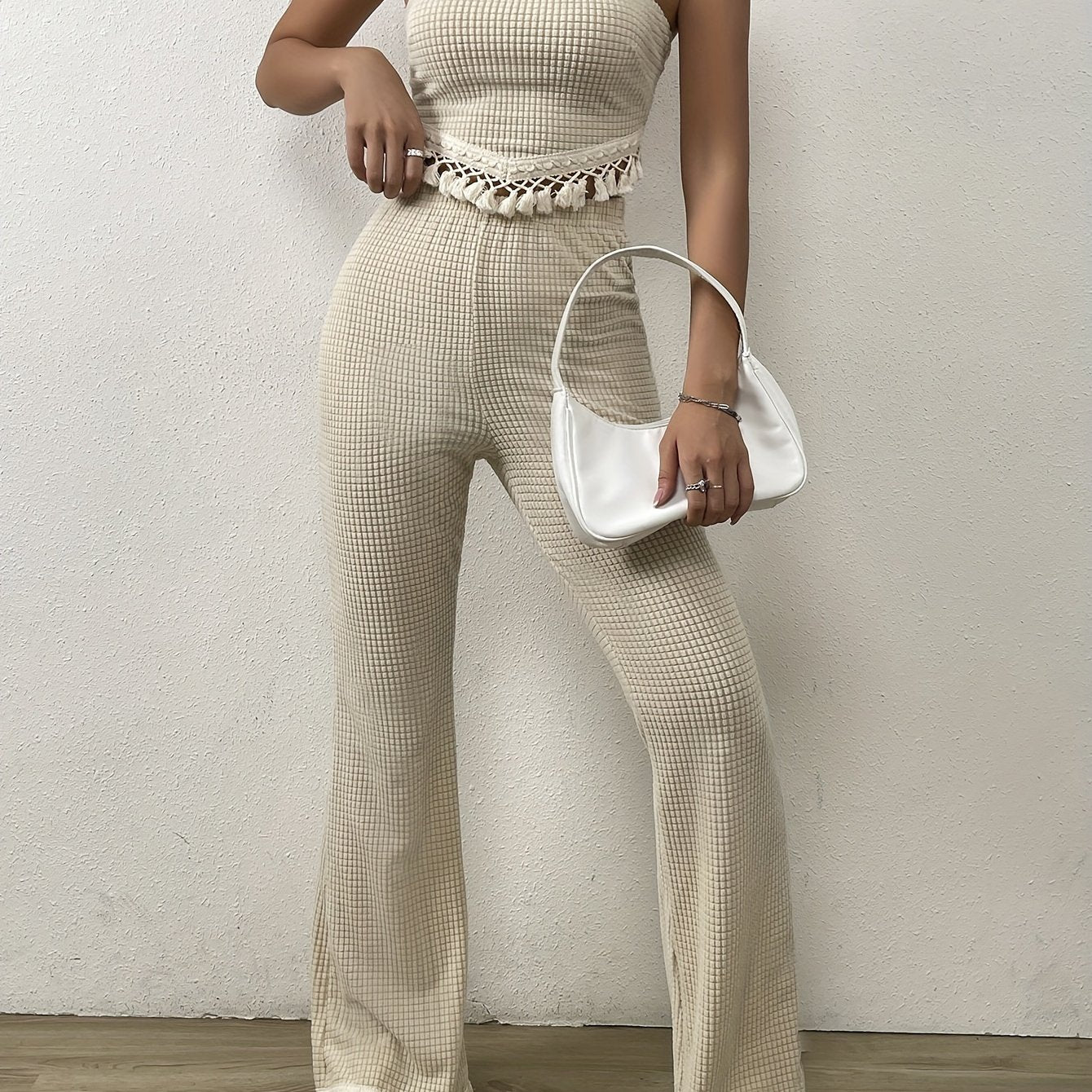 vlovelaw  Tassel Hem Casual Two-piece Set, Knotted Back Tube Top & Pants Outfits, Women's Clothing