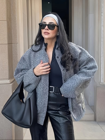 Drop Shoulder Solid Jacket, Casual Open Front Long Sleeve Outerwear, Women's Clothing