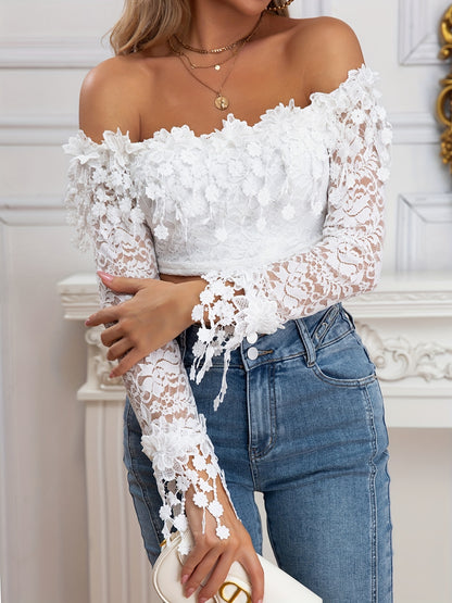 vlovelaw  Applique Off-shoulder Crop Top, Long Sleeve Slim Top For Spring & Summer, Women's Clothing