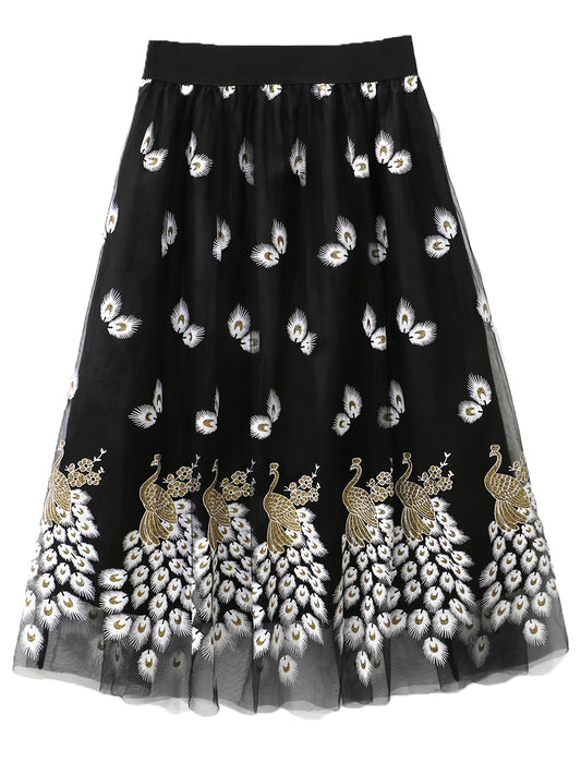 Plus Size Elegant Skirt, Women's Plus Peacock & Feather Print Elastic Waist Pleated Mesh Skirt