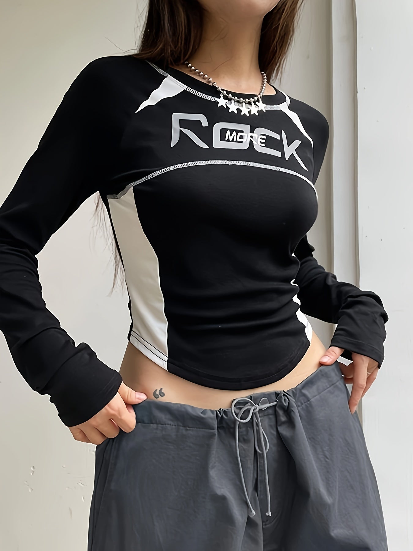 vlovelaw Letter Print Contrast Trim T-Shirt, Casual Long Sleeve T-Shirt For Spring & Fall, Women's Clothing
