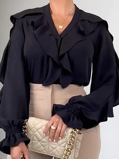 vlovelaw  Solid Ruffle Trim V Neck Blouse, Elegant Long Sleeve Blouse For Spring & Fall, Women's Clothing