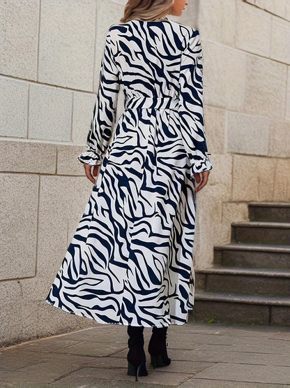 Zebra Stripe Print Lantern Sleeve Dress, Surplice Neck Tie-waist Dress, Women's Clothing