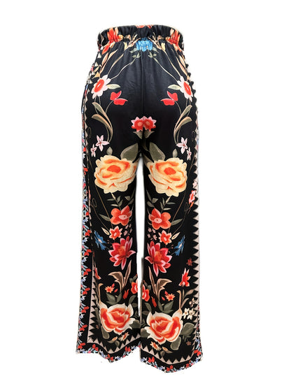 Peacock Print Wide Leg Pants, Retro Drawstring Long Length Palazzo Pants, Women's Clothing
