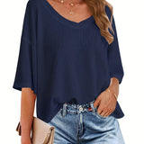 vlovelaw  Solid Elegant V Neck T-Shirt, Drop Shoulder Casual Top For Summer & Spring, Women's Clothing