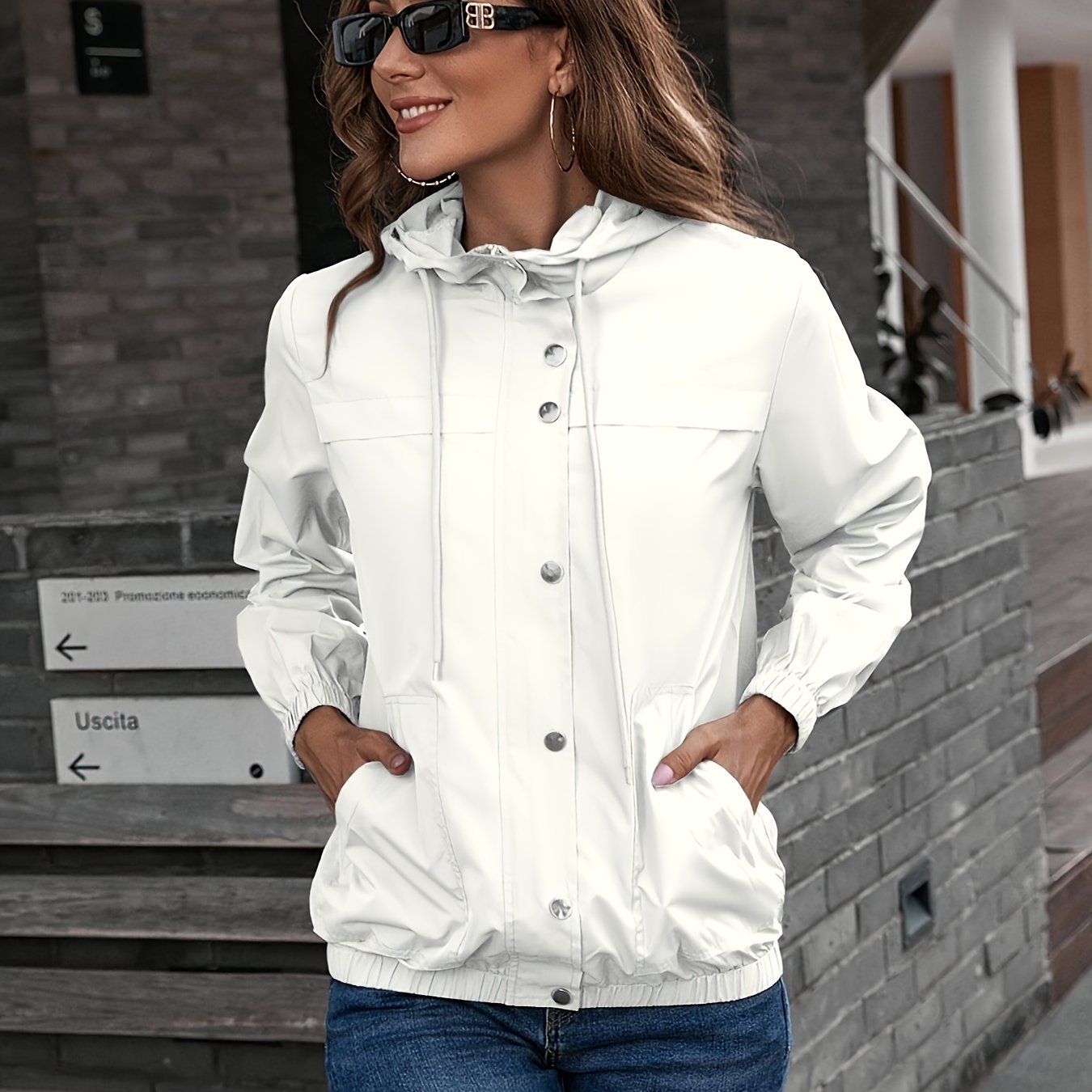 Drawstring Hooded Windproof Jacket, Casual Solid Long Sleeve Outerwear, Women's Clothing