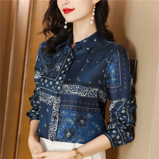 Ribbon Bow Women Silk Print Shirt Polka Dot Long Sleeve Button Up Blouses Office Ladies Casual Shirts Spring Autumn Designer Blouse Fine Elegant Tops Woman