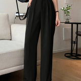 vlovelaw  Solid Draped Straight Leg Pants, Casual Button High Waist Pleated Pants, Women's Clothing