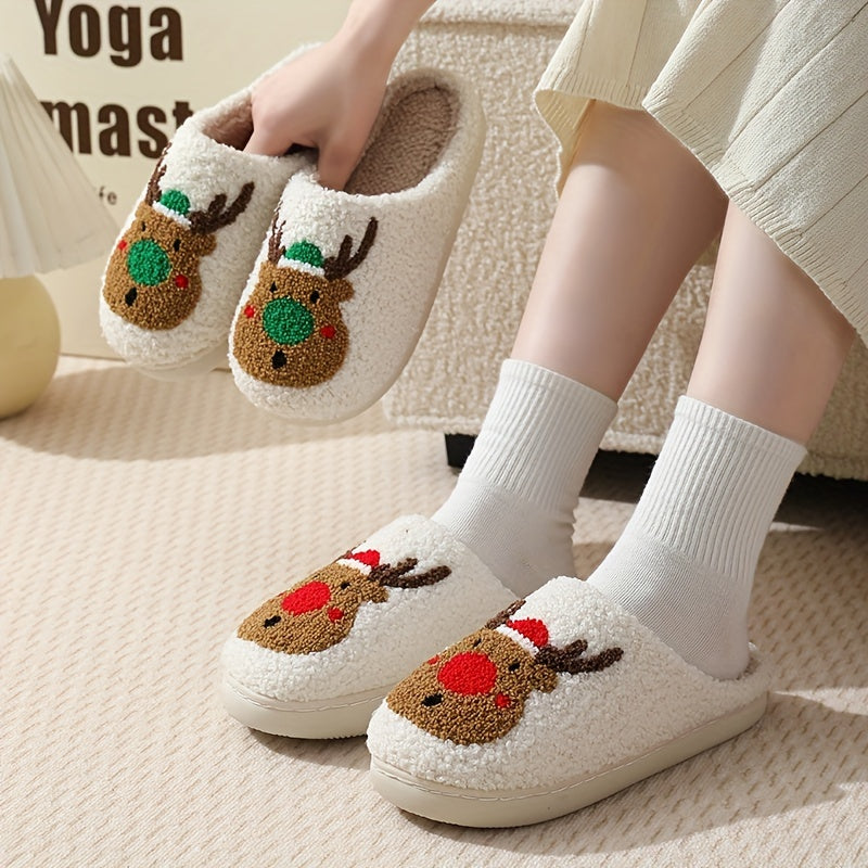 [Customer Favorite] Cozy Christmas Reindeer Plush Slippers for Couples - Warm, Soft Indoor Shoes with Non-Slip TPR Sole, Perfect for Winter