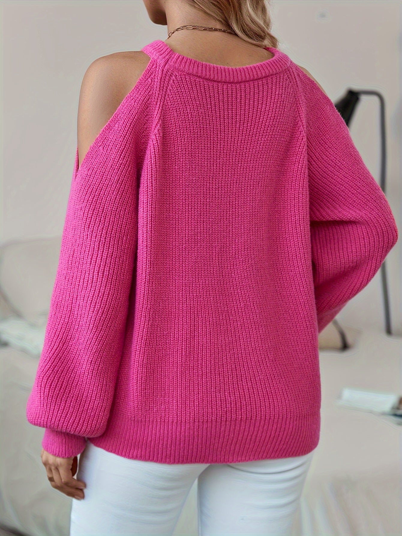 vlovelaw  vlovelaw  Solid Cold Shoulder Cable Knit Sweater, Casual Crew Neck Long Sleeve Sweater, Women's Clothing