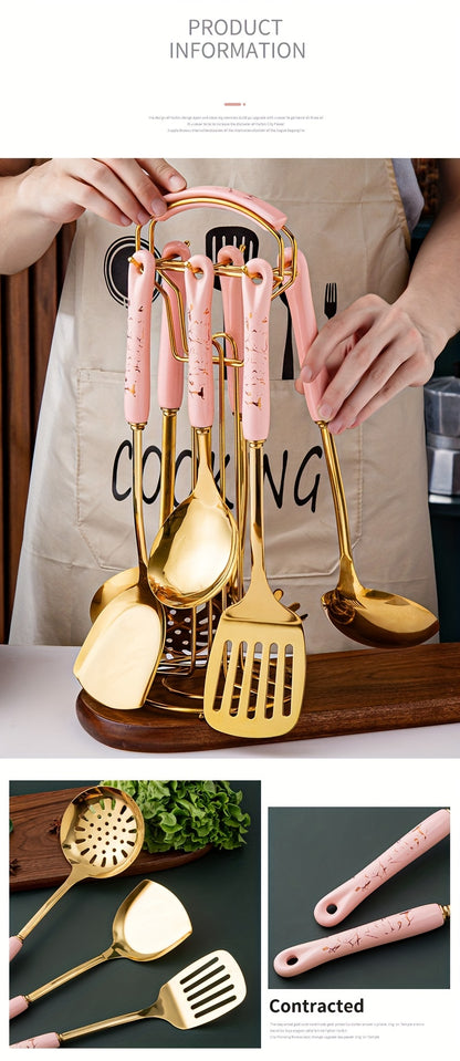 7pcs/set Kitchen Utensils Set Cooking Shovel Spoon Nordic Light Luxury Kitchenware Set Cooking Shovel Spoon Ceramic Handle Stainless Steel Spatula Soup Spoon Kitchen Supplies Party Favors Chrismas Gifts, Halloween GiftS Novelty Tool