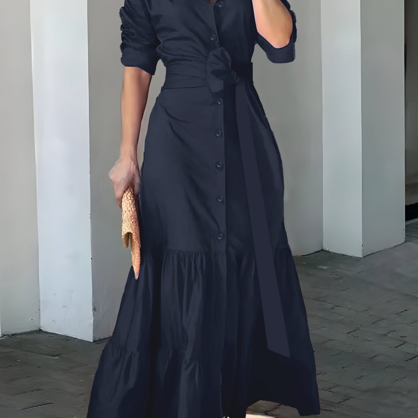 vlovelaw Solid Button Front Belted Dress, Elegant Ruched Sleeve Ruffle Trim Maxi Dress, Women's Clothing