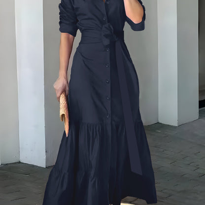 vlovelaw Solid Button Front Belted Dress, Elegant Ruched Sleeve Ruffle Trim Maxi Dress, Women's Clothing