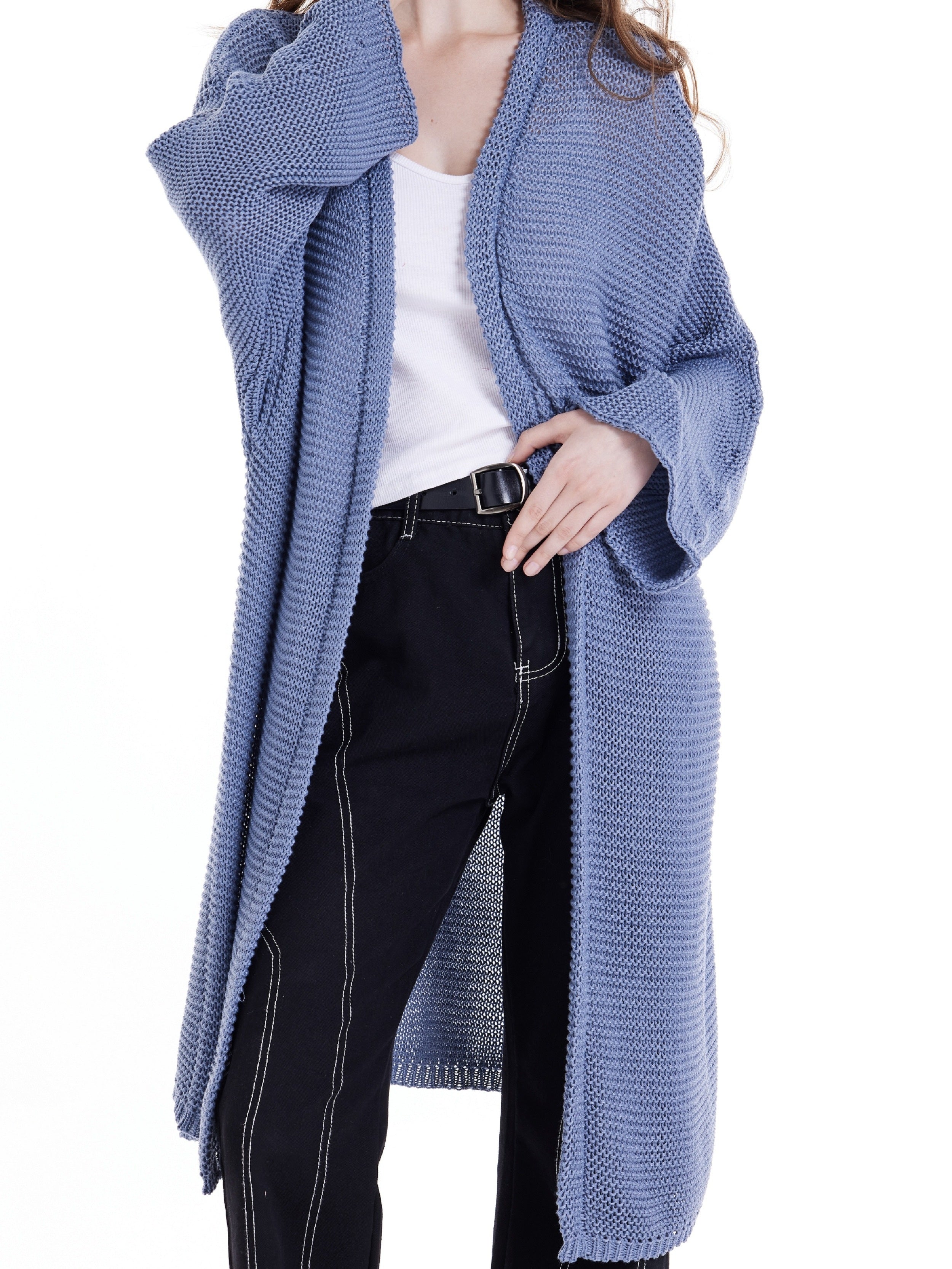 vlovelaw  Solid Open Front Long Length Cardigan, Elegant Long Sleeve Sweater For Spring & Fall, Women's Clothing