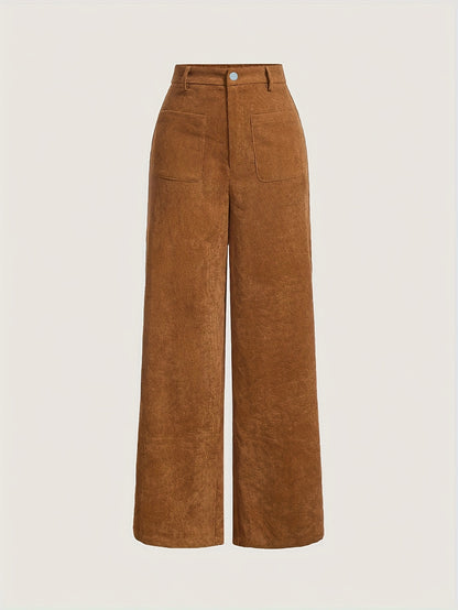 vlovelaw Solid Corduroy Straight Leg Pants, Vintage Patched Pocket Loose Pants, Women's Clothing