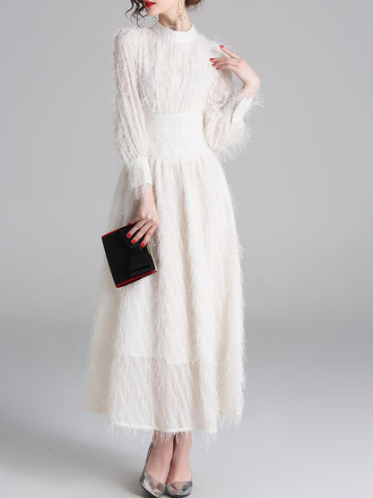 vlovelaw  Solid Mock Neck Fluffy Dress, Elegant Lantern Long Sleeve Dress For Spring & Fall, Women's Clothing