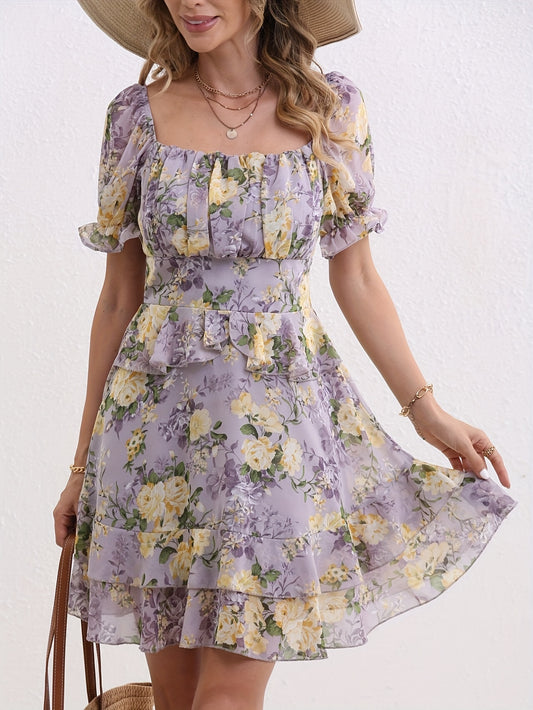 vlovelaw  Floral Print Ruffle Trim Dress, Elegant Ruched Puff Sleeve Dress, Women's Clothing